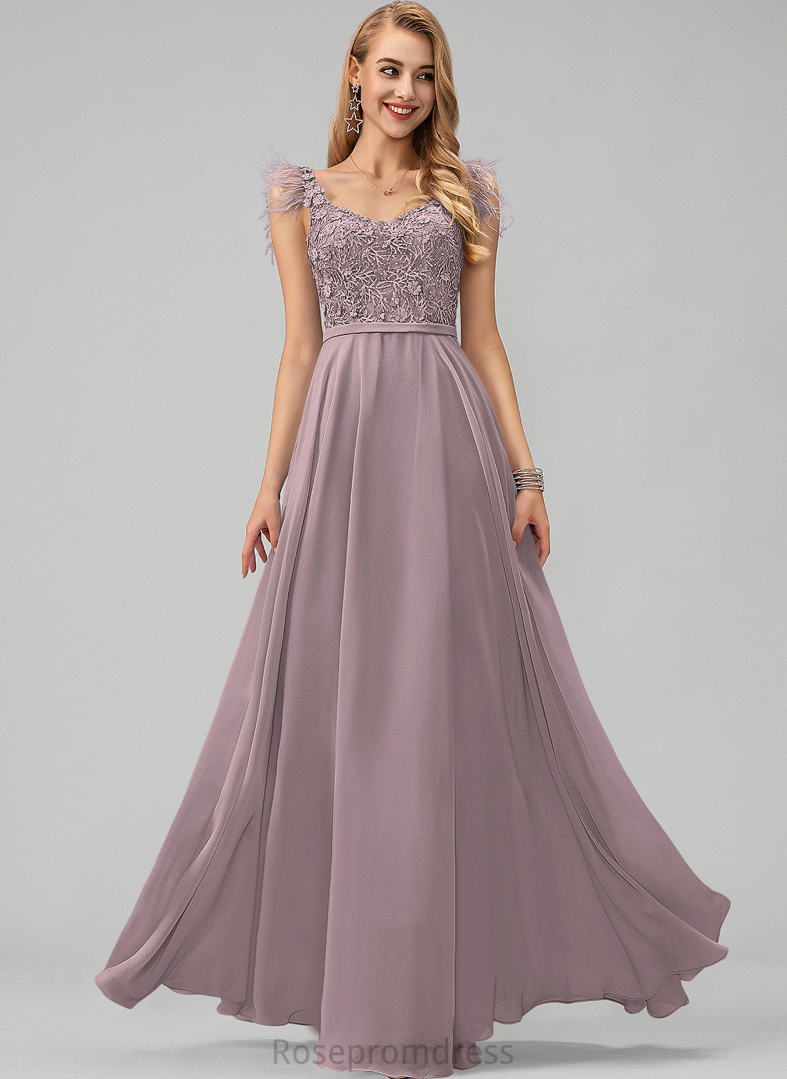 V-neck Feather Flower(s) Marian Chiffon Sequins Prom Dresses With A-Line Beading Floor-Length