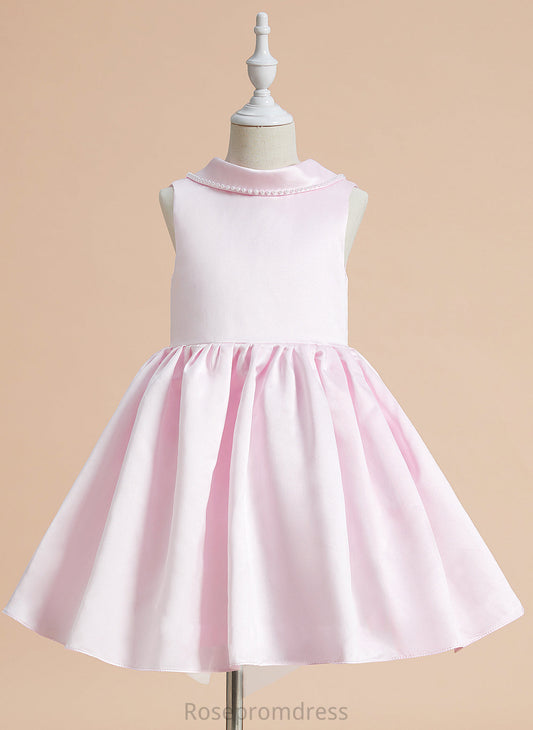 With Flower - Jaycee Girl Knee-length A-Line Satin Flower Girl Dresses Sleeveless Dress Scoop Neck Beading/Bow(s)