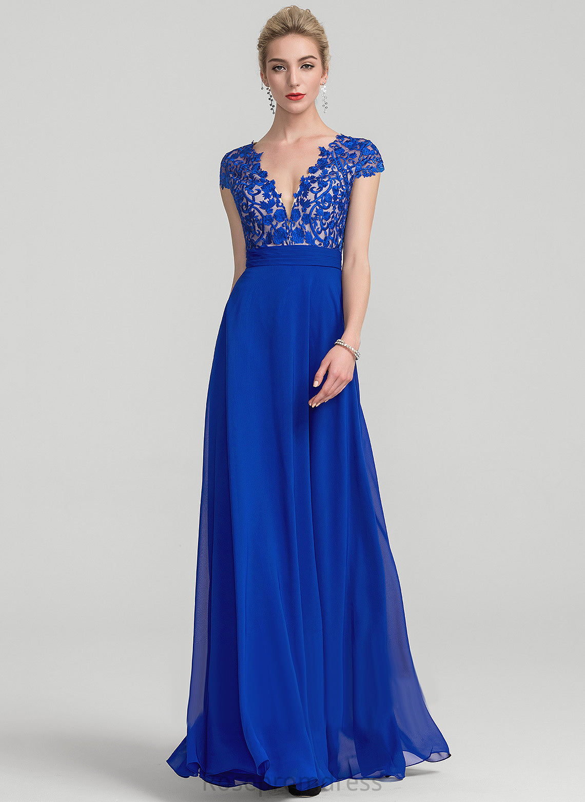 A-Line Lorna Ruffle With Floor-Length Chiffon V-neck Lace Prom Dresses