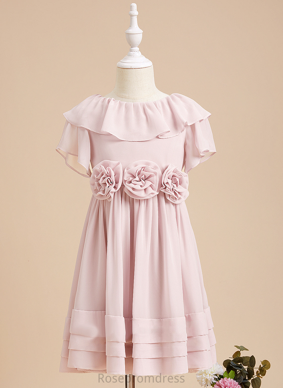 Knee-length Flower With Girl Scoop Dress Neck A-Line Flower Girl Dresses Sleeves Back Short - Ruffles/Flower(s)/V Chiffon Kaia