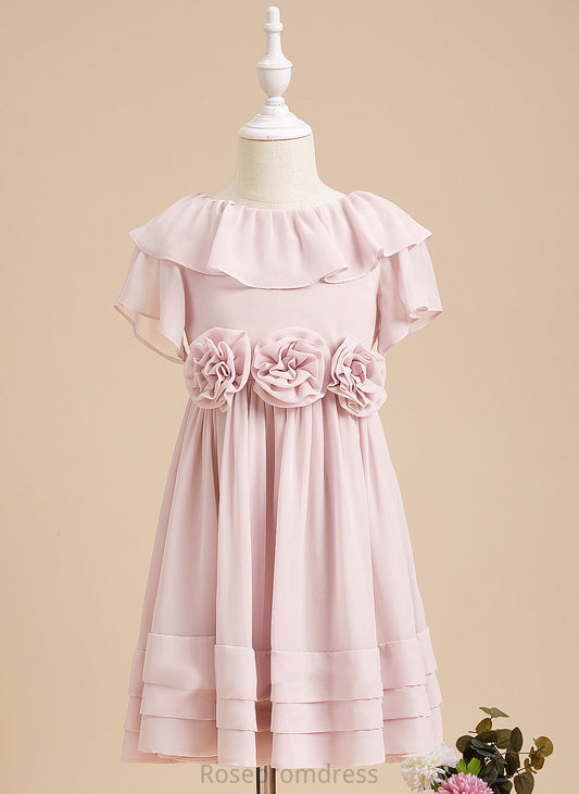 Knee-length Flower With Girl Scoop Dress Neck A-Line Flower Girl Dresses Sleeves Back Short - Ruffles/Flower(s)/V Chiffon Kaia