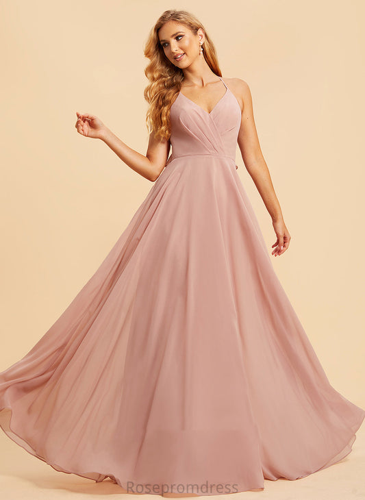 A-Line Floor-Length Length Ruffle Fabric V-neck Silhouette Neckline Embellishment Kendal Bridesmaid Dresses