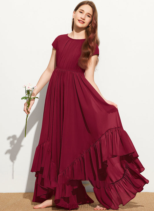 Junior Bridesmaid Dresses Neck Scoop A-Line Chiffon Floor-Length With Cascading Bow(s) Lace Appliques Ruffles Lyric