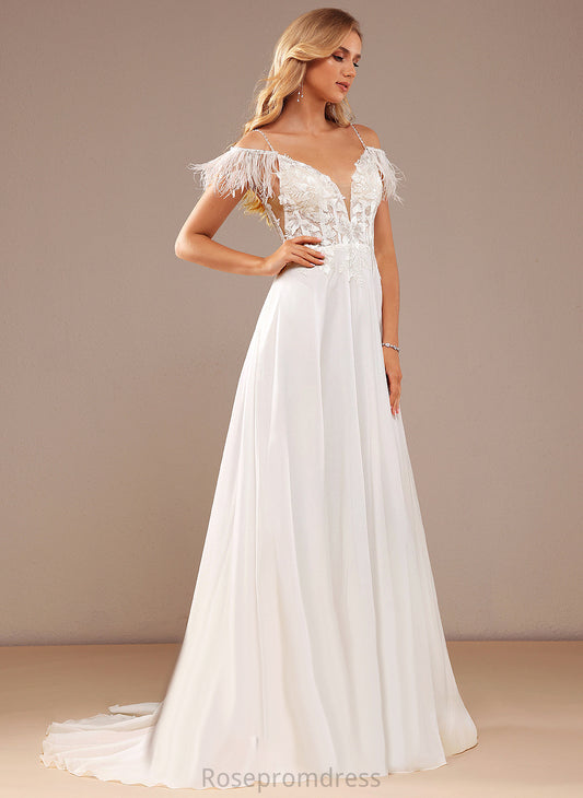 V-neck Wedding Sequins Court Lace Lace Train Beading Pockets Wedding Dresses Amari Chiffon A-Line With Feather Dress