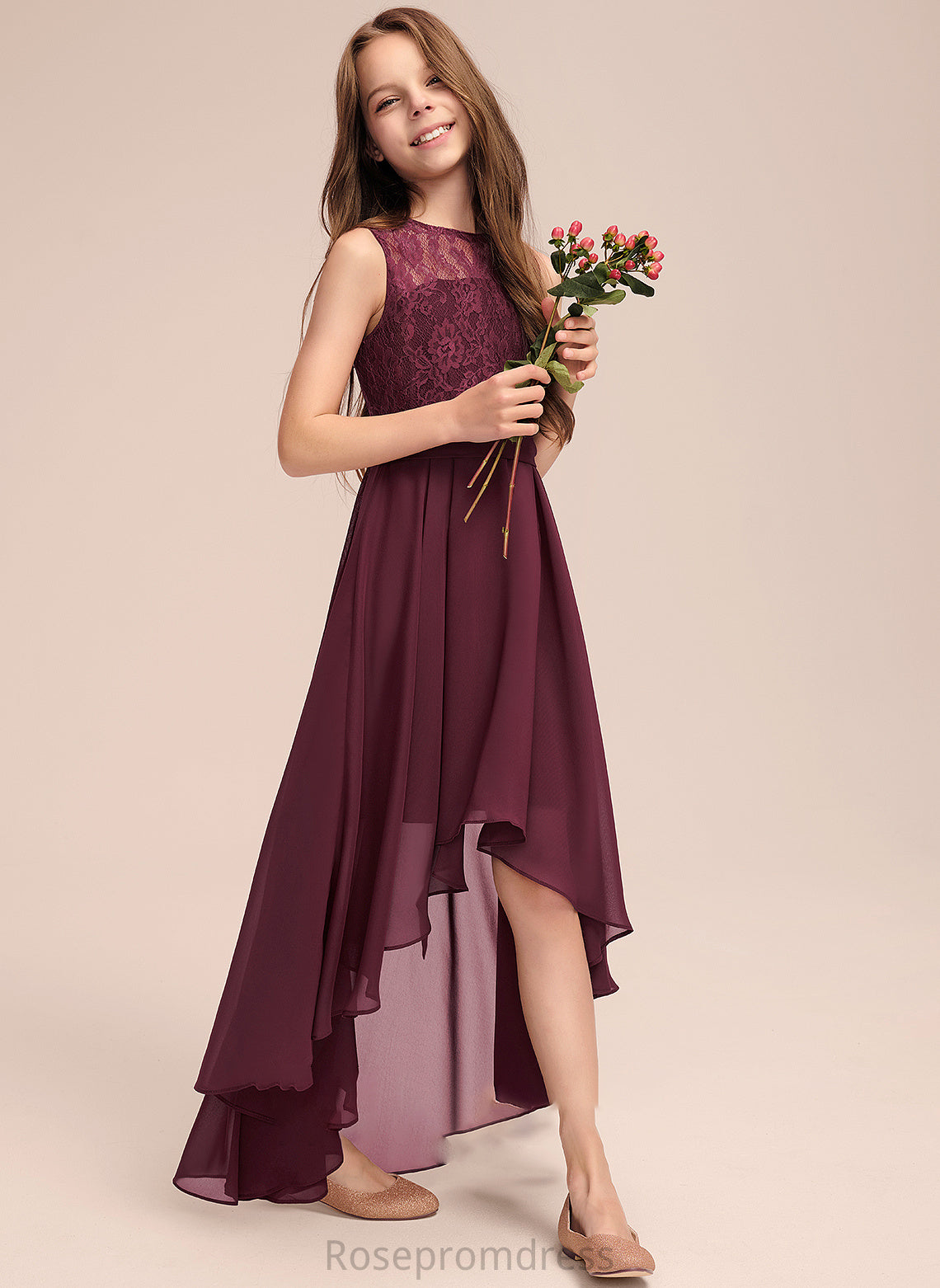 Janey A-Line Asymmetrical Neck Junior Bridesmaid Dresses Bow(s) Scoop Lace With Chiffon