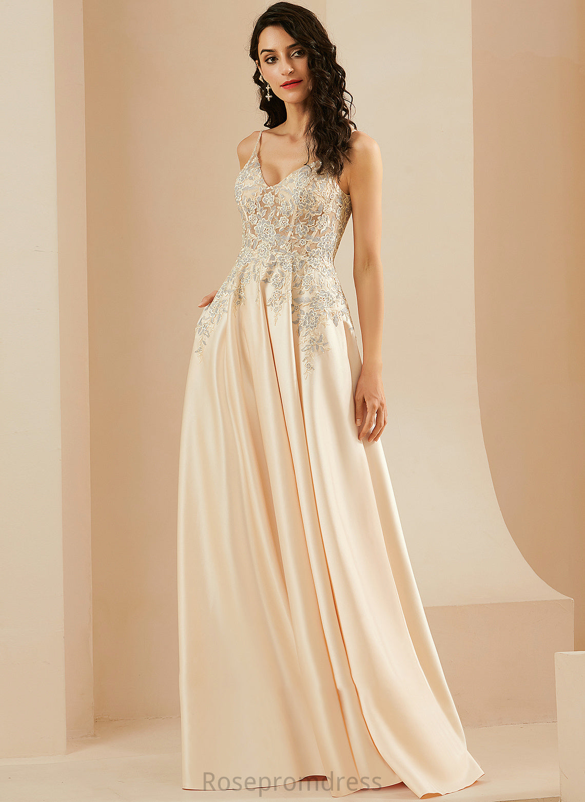 Floor-Length Lily V-neck Satin Lace Prom Dresses With A-Line