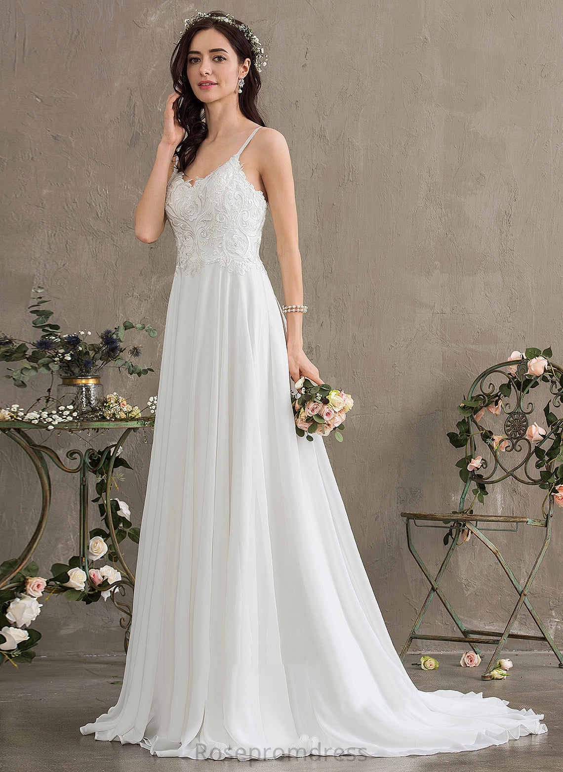 Mildred Chiffon Wedding Dress Wedding Dresses Lace Train A-Line Sweep Sweetheart