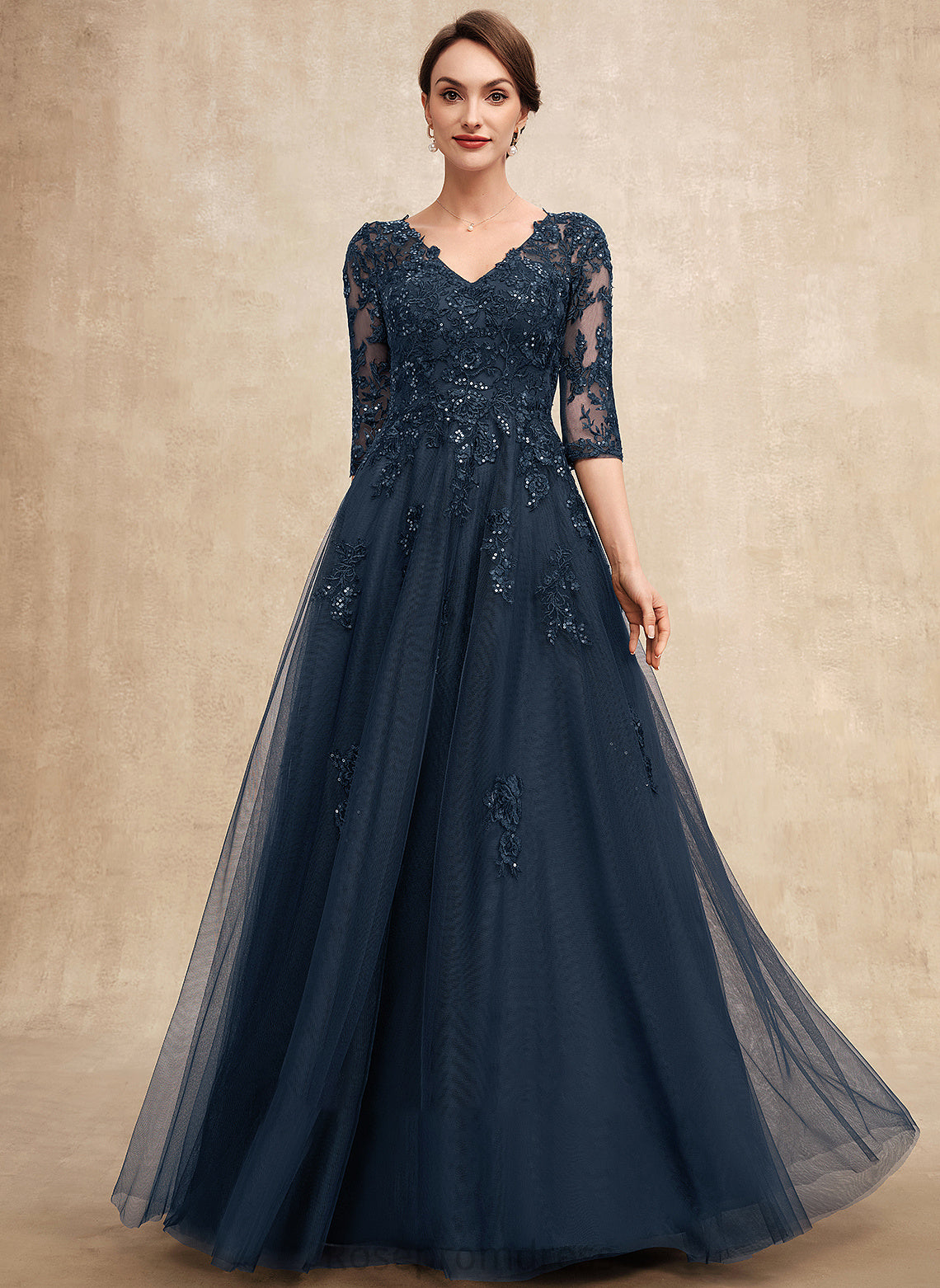 With Mother the A-Line Lace of Bride V-neck Mother of the Bride Dresses Dress Floor-Length Sequins Tulle Addisyn