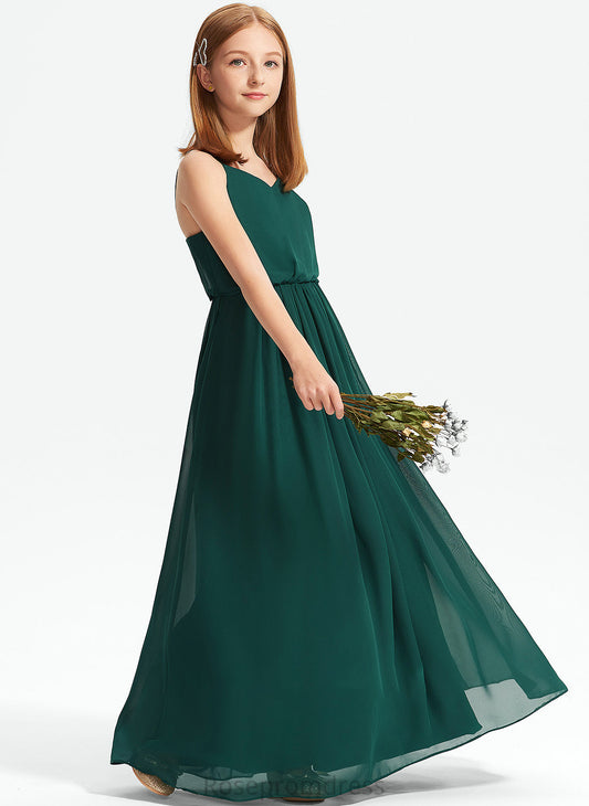 Floor-Length Junior Bridesmaid Dresses A-Line Dahlia Ruffle Chiffon V-neck With