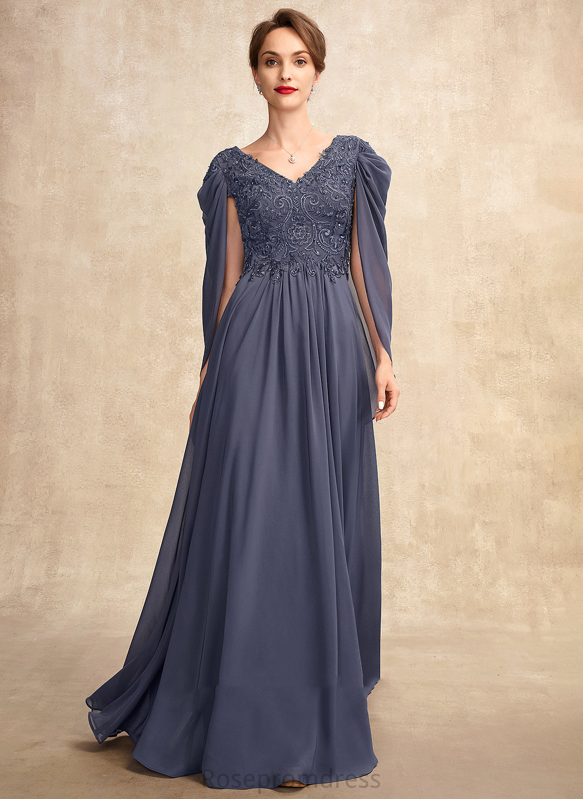 V-neck Lace Dress of Chiffon Mother Beading Mother of the Bride Dresses Floor-Length Miranda A-Line Sequins With Bride the