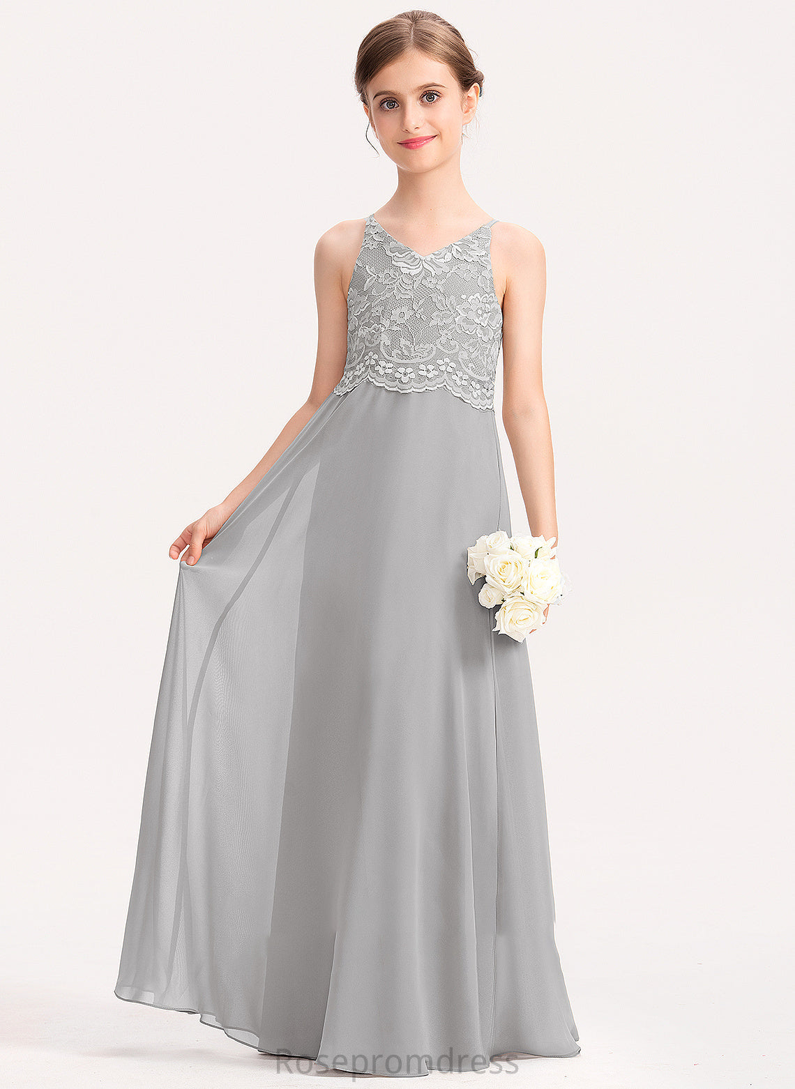 A-Line Junior Bridesmaid Dresses Janiah V-neck Chiffon Lace Floor-Length