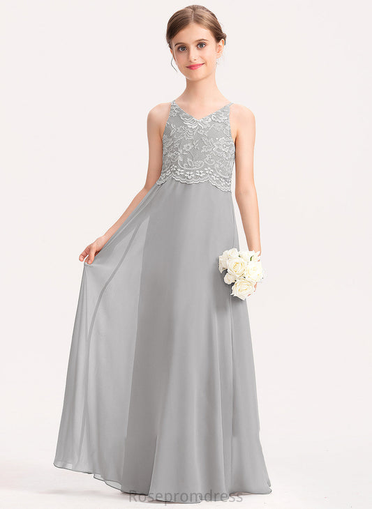 A-Line Junior Bridesmaid Dresses Janiah V-neck Chiffon Lace Floor-Length