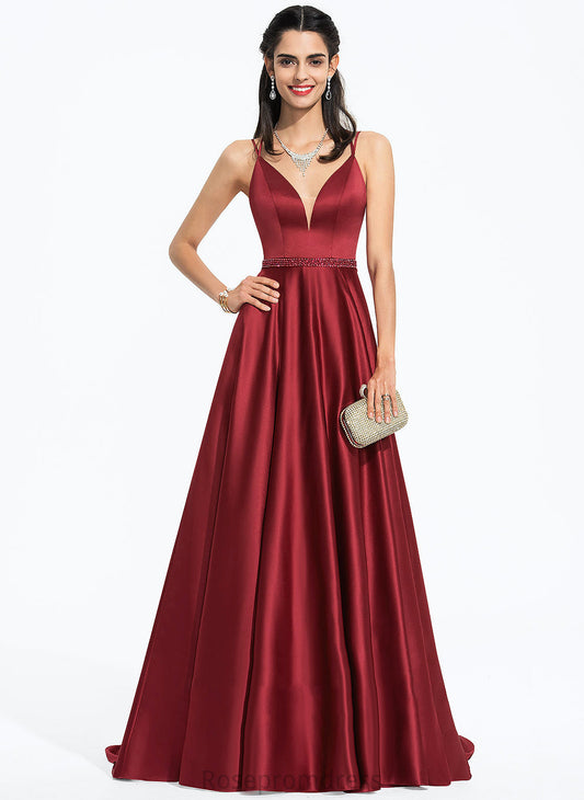 Satin Sequins Prom Dresses Beading With V-neck Train Sweep A-Line Ashtyn