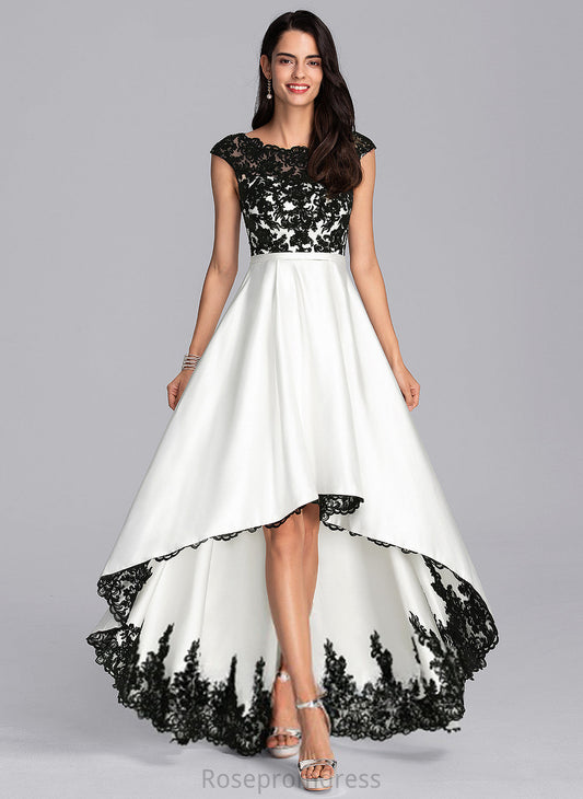 Scoop A-Line Illusion Asymmetrical Satin Alma Prom Dresses Lace