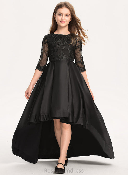 Satin Lace Asymmetrical With Girl Flower 3/4 Dress Scoop Flower Girl Dresses Cristal Neck Sleeves - A-Line