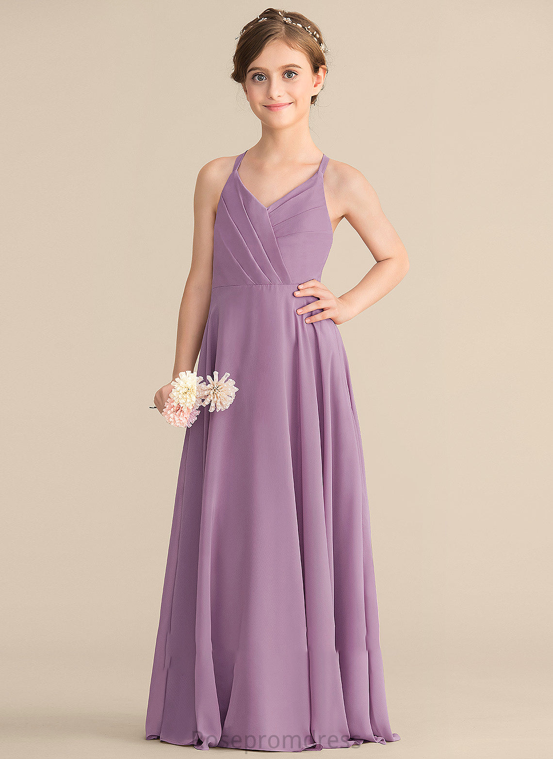 V-neck Chiffon With A-Line Ruffles Cascading Janiyah Floor-Length Junior Bridesmaid Dresses