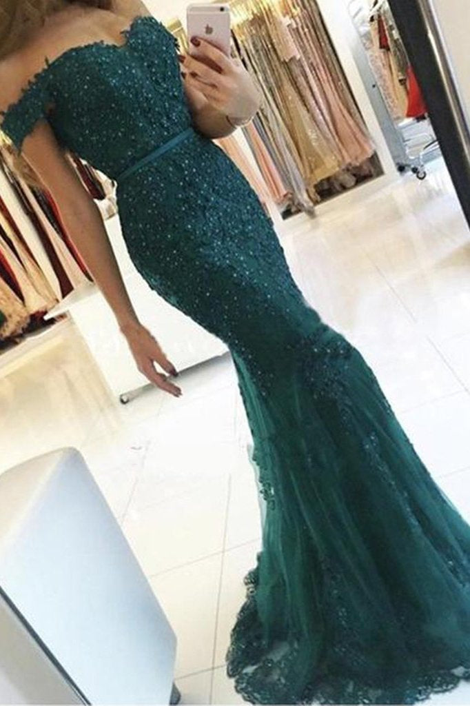 Elegant Emerald Green Off Shoulder Lace Mermaid Beads Sweetheart Prom Dresses RS412