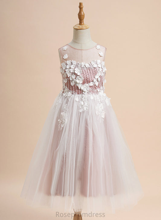 Mckayla Lace/Beading/Flower(s) Girl Sleeveless A-Line Flower With - Scoop Neck Tulle Dress Flower Girl Dresses Tea-length