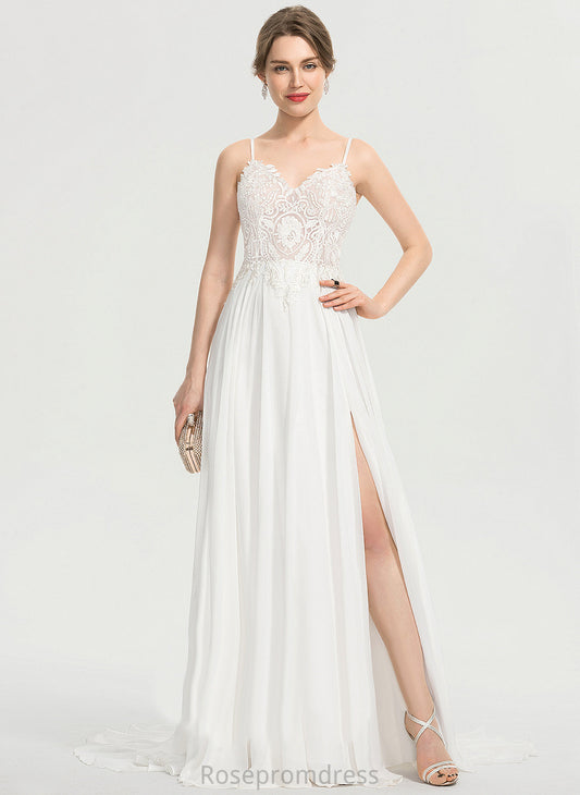 Front Lace Train Chiffon Delilah V-neck Wedding Dresses Wedding Sweep A-Line With Split Dress