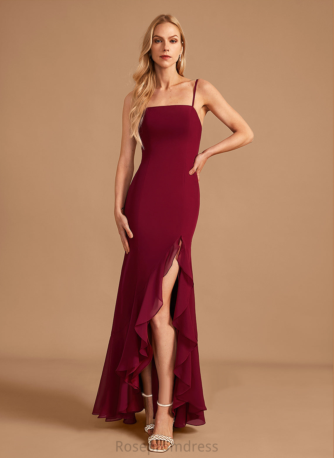 Floor-Length Neckline Silhouette SplitFront Length Fabric Embellishment SquareNeckline Ruffle Trumpet/Mermaid Shayna Natural Waist Bridesmaid Dresses