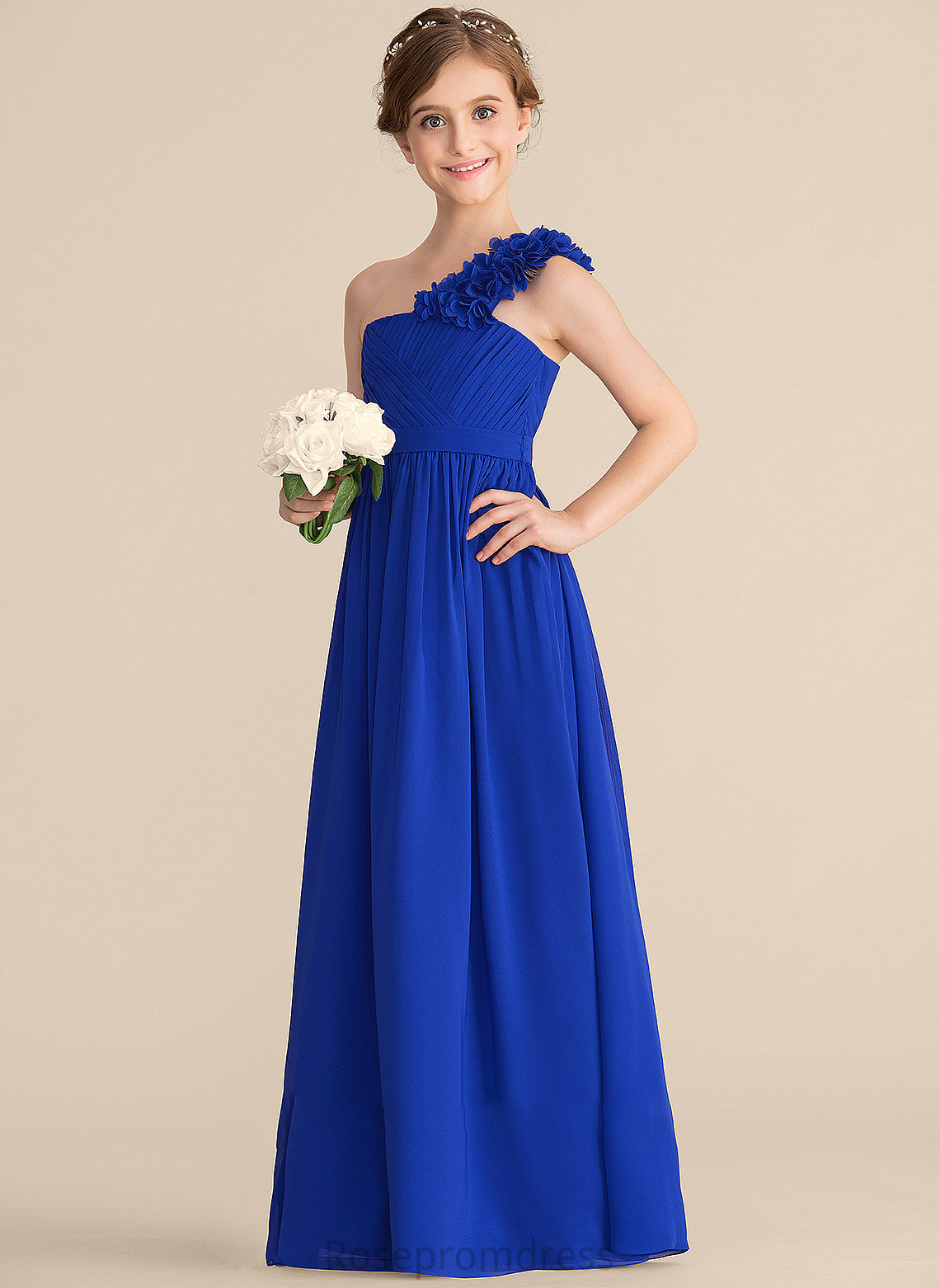 Floor-Length One-Shoulder Chiffon Flower(s) Ruffle With A-Line Margery Junior Bridesmaid Dresses