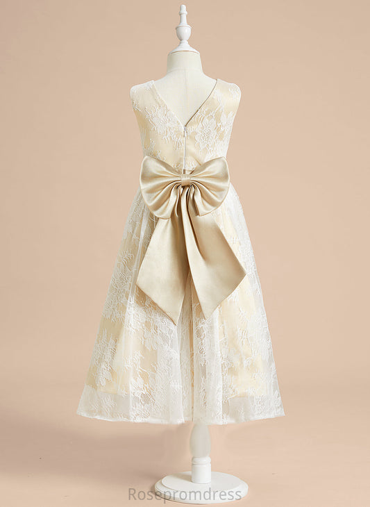 With Bow(s) Girl Neck Flower Dress Sal A-Line Flower Girl Dresses Tea-length Sleeveless Scoop Satin/Lace