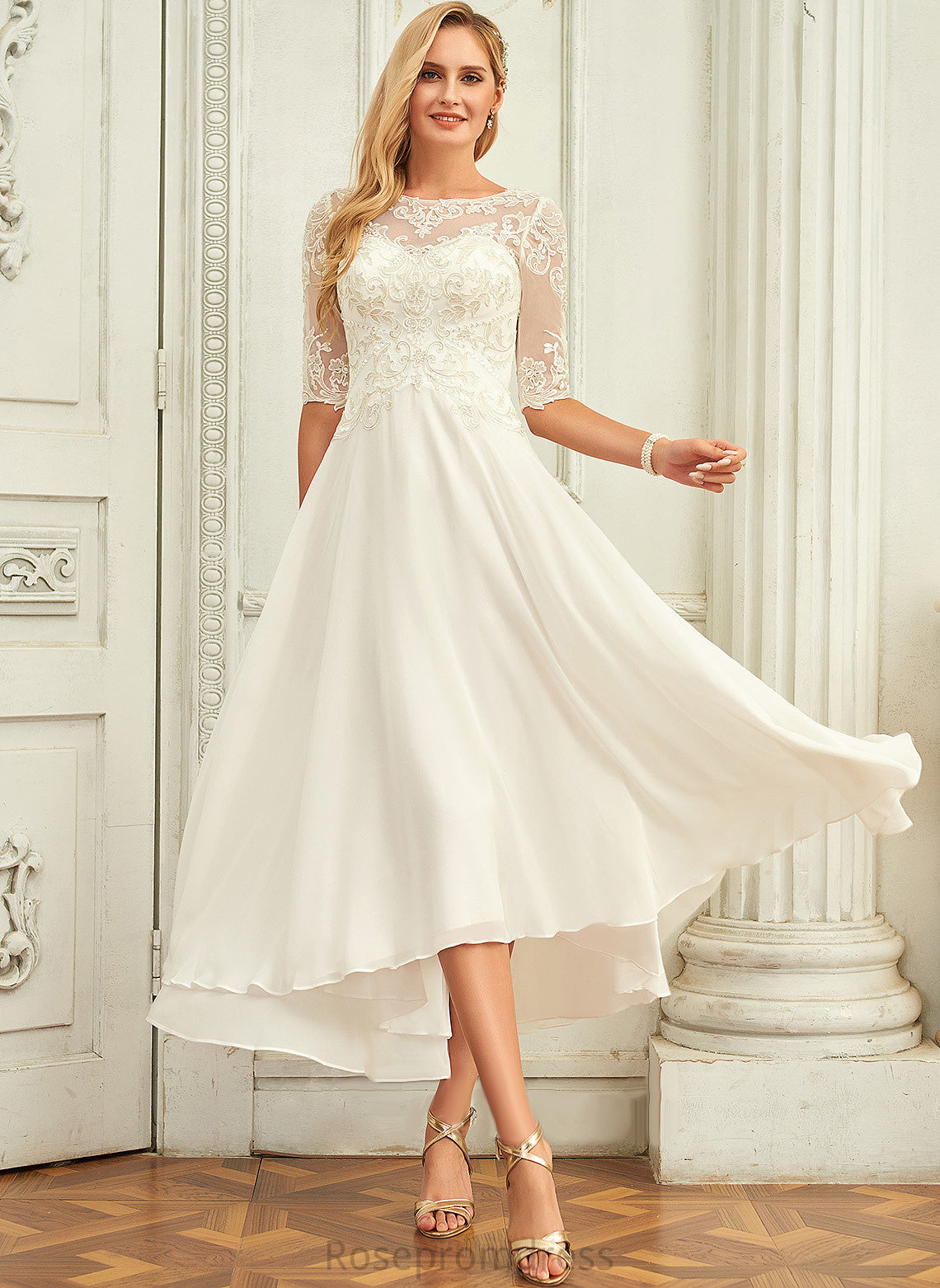 Sequins Asymmetrical Wedding Dresses A-Line With Dress Maisie Chiffon Scoop Beading Wedding Lace