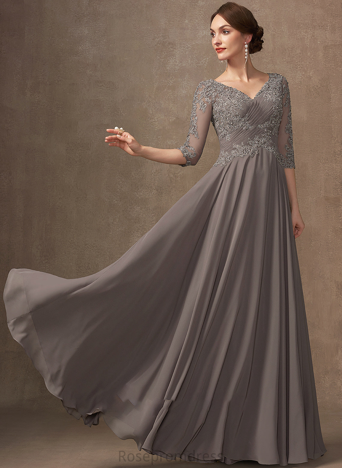 the Floor-Length Mother of the Bride Dresses Chiffon Bride With Sequins A-Line Mother Dress Beading Andrea V-neck of Lace