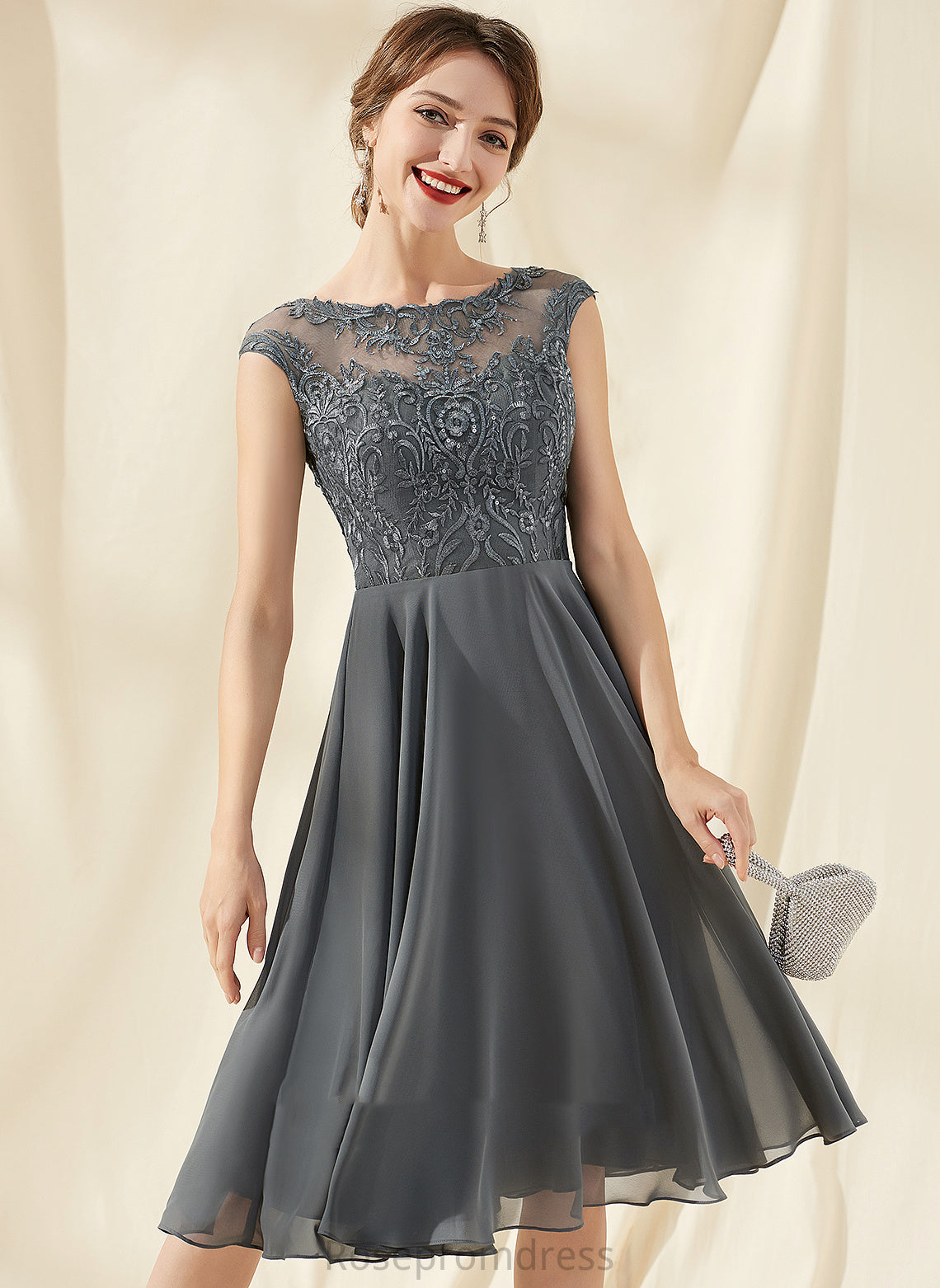 Joanne Lace Neck A-Line Cocktail Sequins Chiffon Cocktail Dresses Knee-Length With Dress Scoop