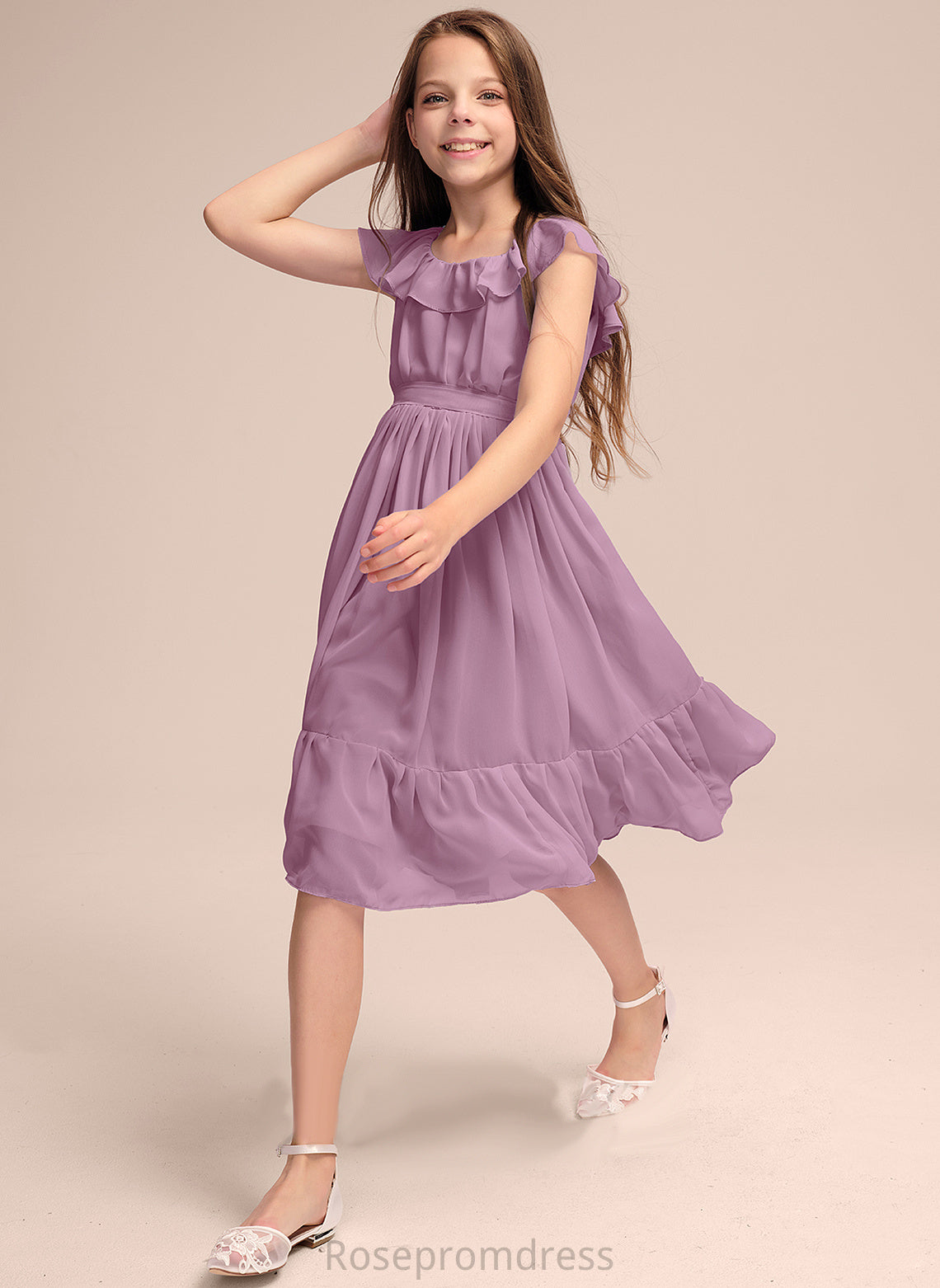 Junior Bridesmaid Dresses Scoop Cascading Bow(s) Knee-Length Chiffon Ruffles With A-Line Neck Eleanor