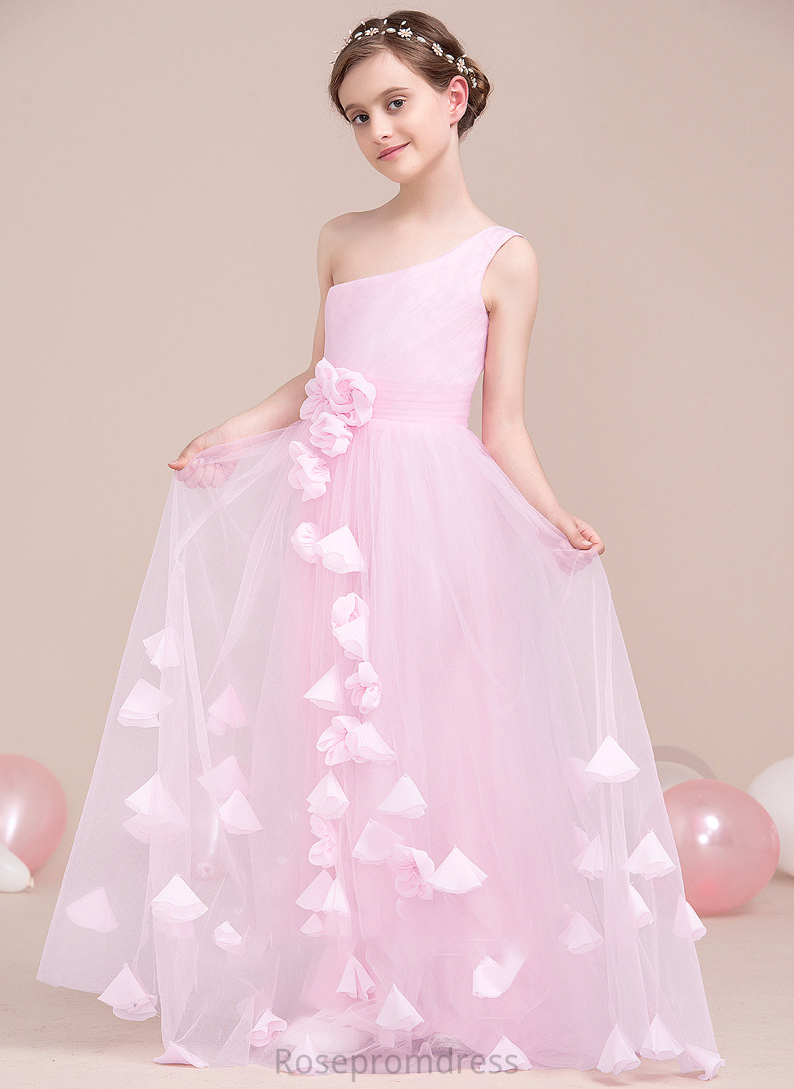 One-Shoulder A-Line Ruffle Flower(s) With Anabel Junior Bridesmaid Dresses Floor-Length Tulle