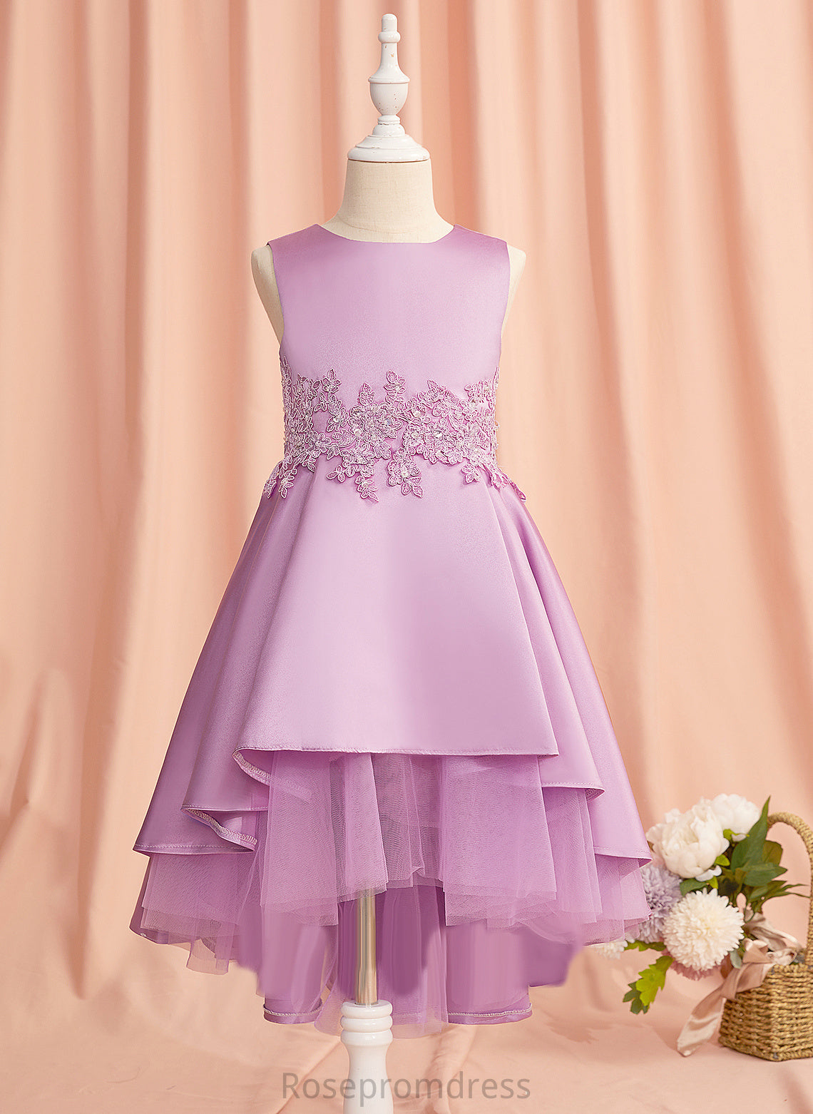 Flower Satin/Tulle Girl A-Line Dress Tori Flower Girl Dresses Sleeveless Neck - Asymmetrical With Lace/Beading/Bow(s) Scoop