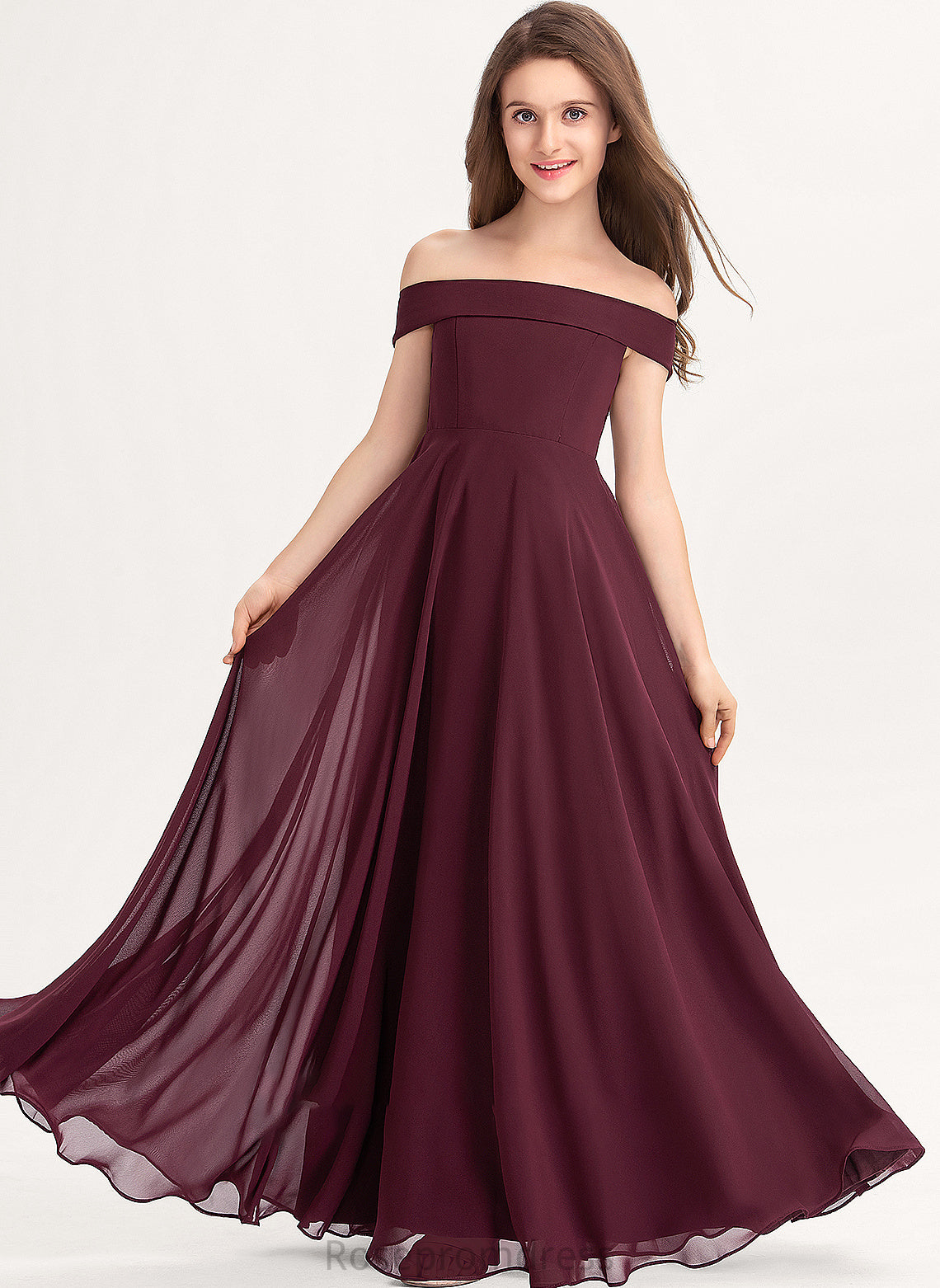 A-Line Junior Bridesmaid Dresses Off-the-Shoulder Chiffon Floor-Length Stacy