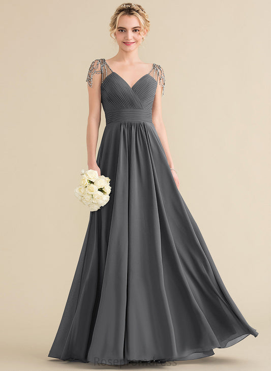 Pleated V-neck Fabric Floor-Length Sequins A-Line Beading Embellishment Length Neckline Silhouette Cassidy Bridesmaid Dresses