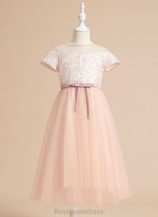 Tea-length Sleeves A-Line Short Girl Dress Sash/Bow(s) Jaslyn Scoop Flower Girl Dresses With - Flower Tulle Neck