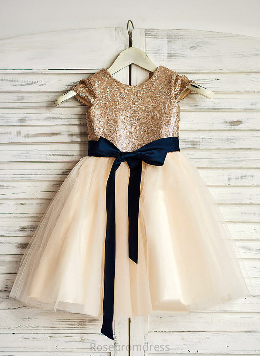 Scoop - Tulle/Sequined With Sash Dress Winifred Girl Neck Sleeveless Flower Knee-length A-Line Flower Girl Dresses