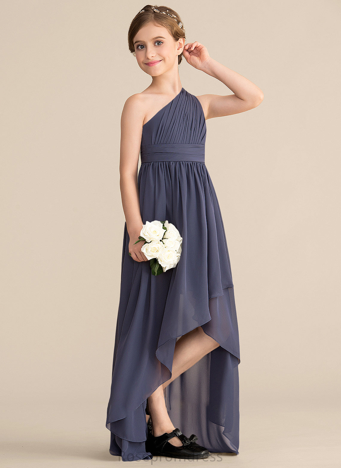 A-Line Nellie One-Shoulder Chiffon Asymmetrical With Ruffle Junior Bridesmaid Dresses