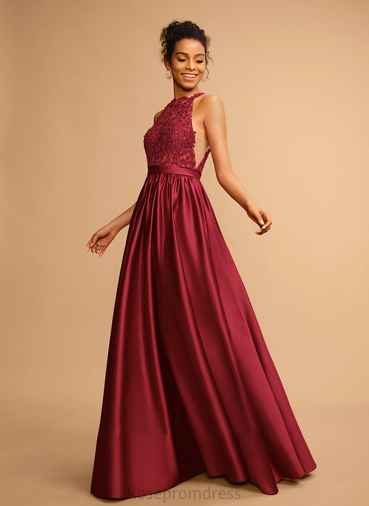 Jolie Satin Ball-Gown/Princess Prom Dresses With Sequins Floor-Length Halter