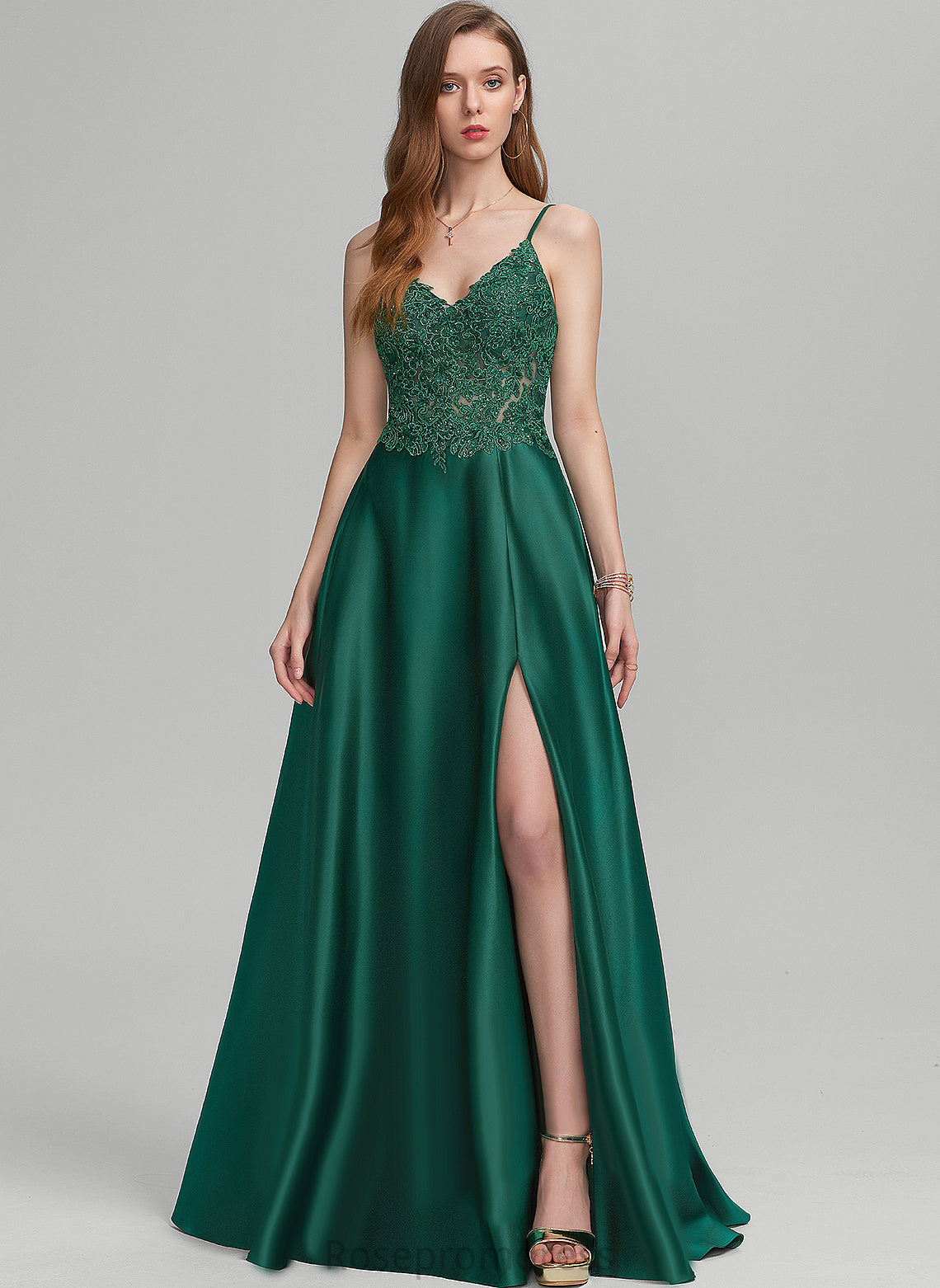 Prom Dresses Floor-Length A-Line Eve V-neck Satin Lace