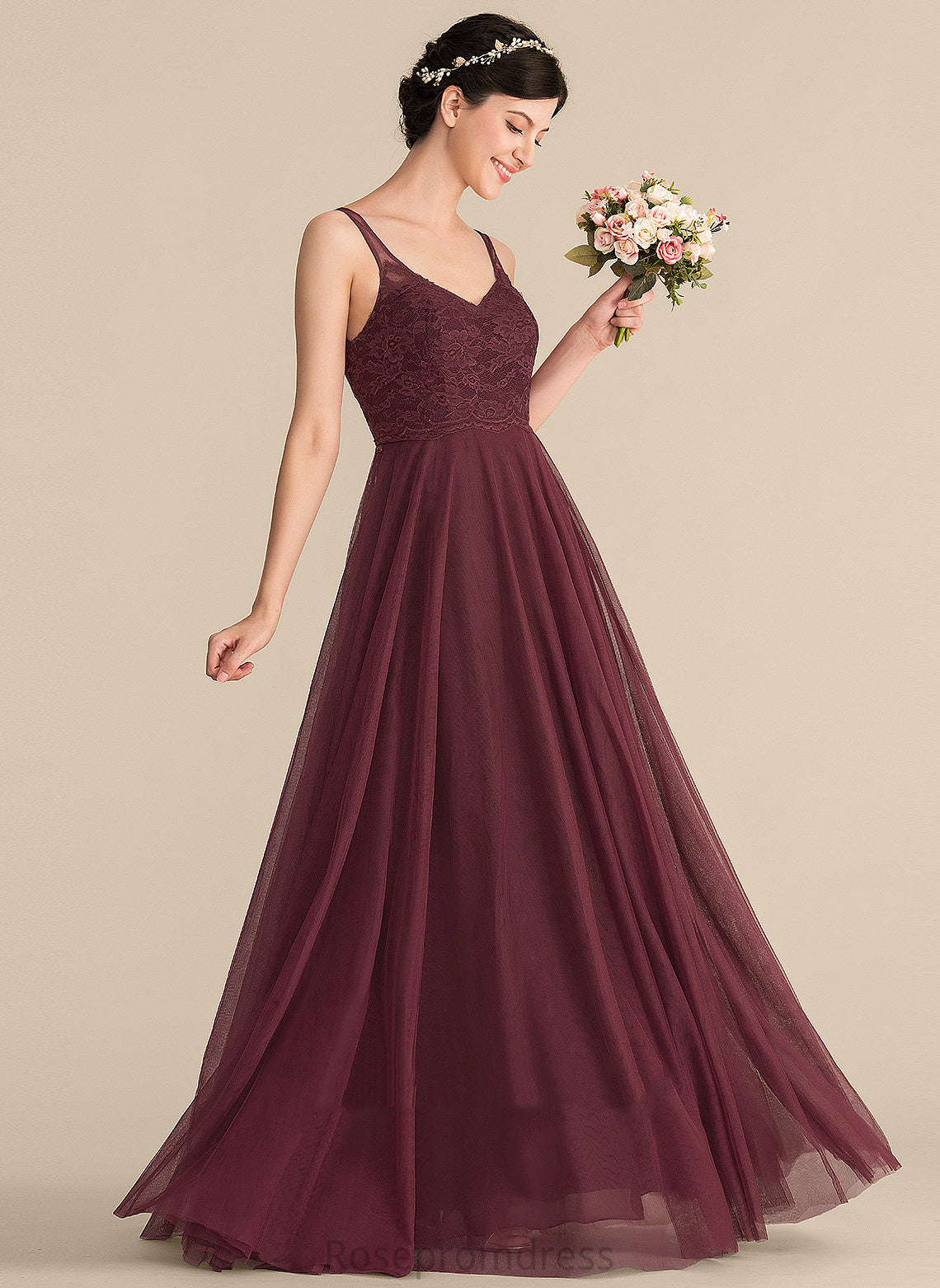 Tulle Straps Neckline Floor-Length Fabric V-neck Lace A-Line Length Silhouette Natasha Scoop Bridesmaid Dresses