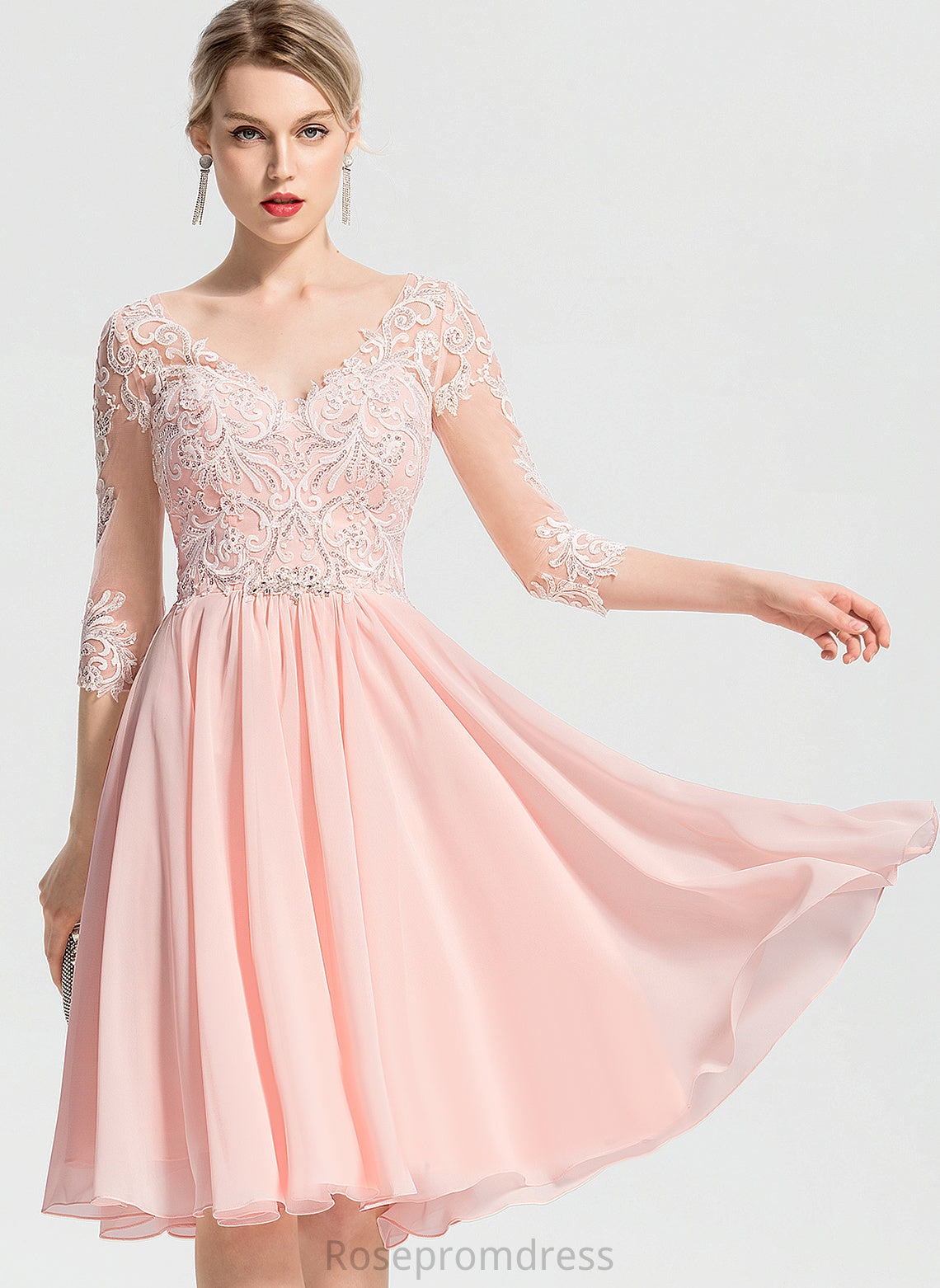 Wedding Dresses Beading Knee-Length With Nell Chiffon Dress V-neck Lace Wedding A-Line