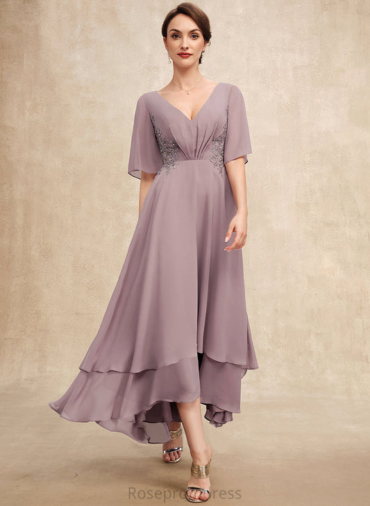 the Beading Ruffle Dress Bride of Asymmetrical Mother of the Bride Dresses Chiffon With A-Line Makaila Mother V-neck Lace