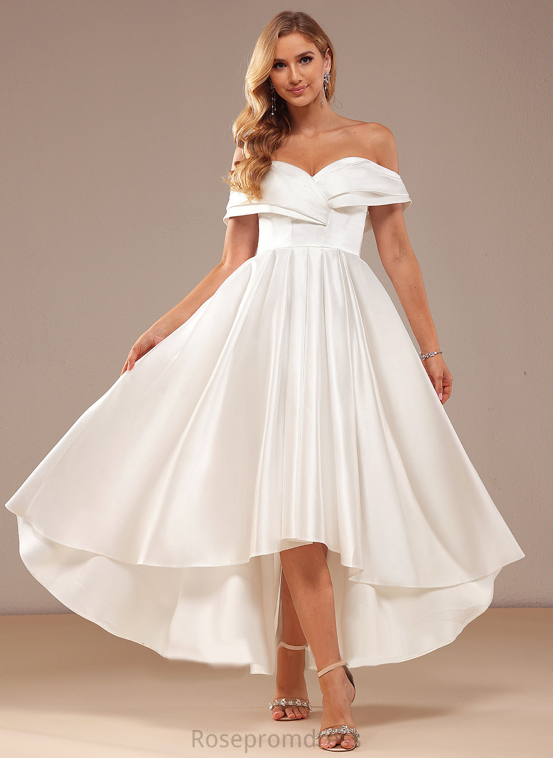 A-Line Dress Asymmetrical Pockets Wedding Satin With Wedding Dresses Noelle Off-the-Shoulder