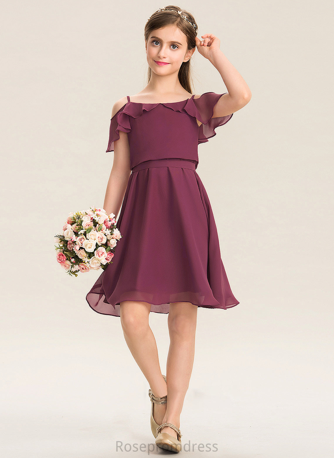 Chiffon Off-the-Shoulder Junior Bridesmaid Dresses A-Line With Ruffles Bow(s) Knee-Length Cascading Aurora