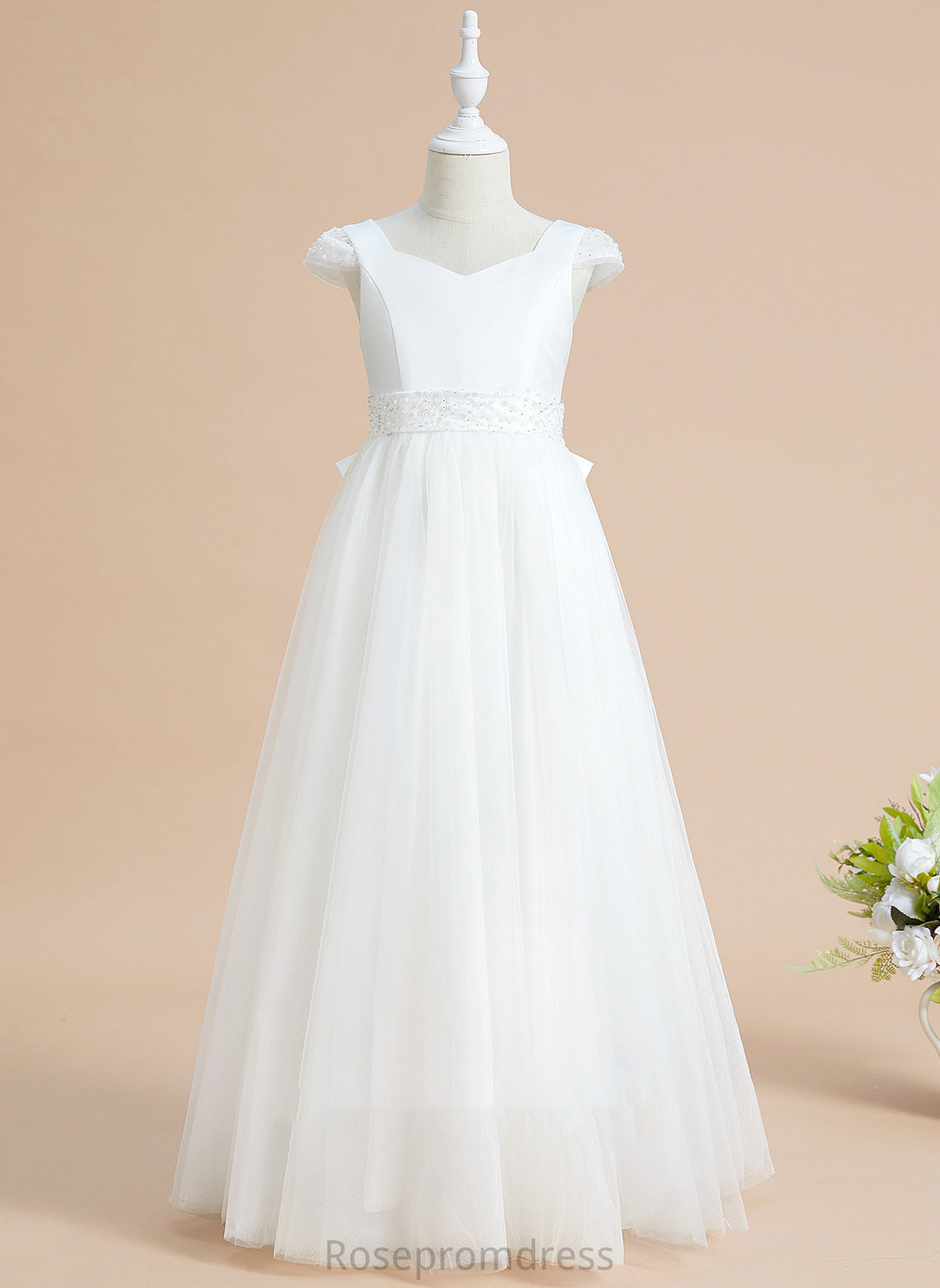 Ball-Gown/Princess Sleeves Beading/Bow(s) Girl Satin/Tulle Dress V-neck Flower Girl Dresses Short Floor-length Mandy - Flower With