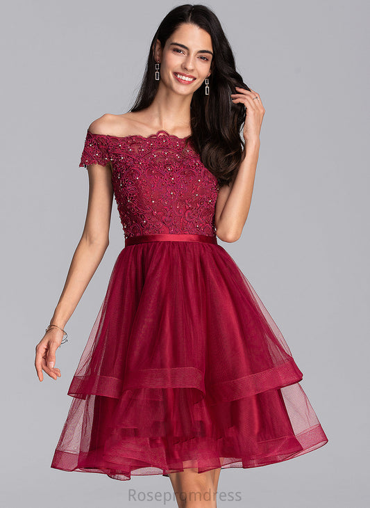 Kaylynn Knee-Length Homecoming Dresses Lace Beading Sequins Dress A-Line Off-the-Shoulder Tulle Homecoming With