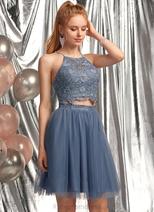 A-Line Tulle Clare Prom Dresses Short/Mini Neck Scoop Sequins With Beading