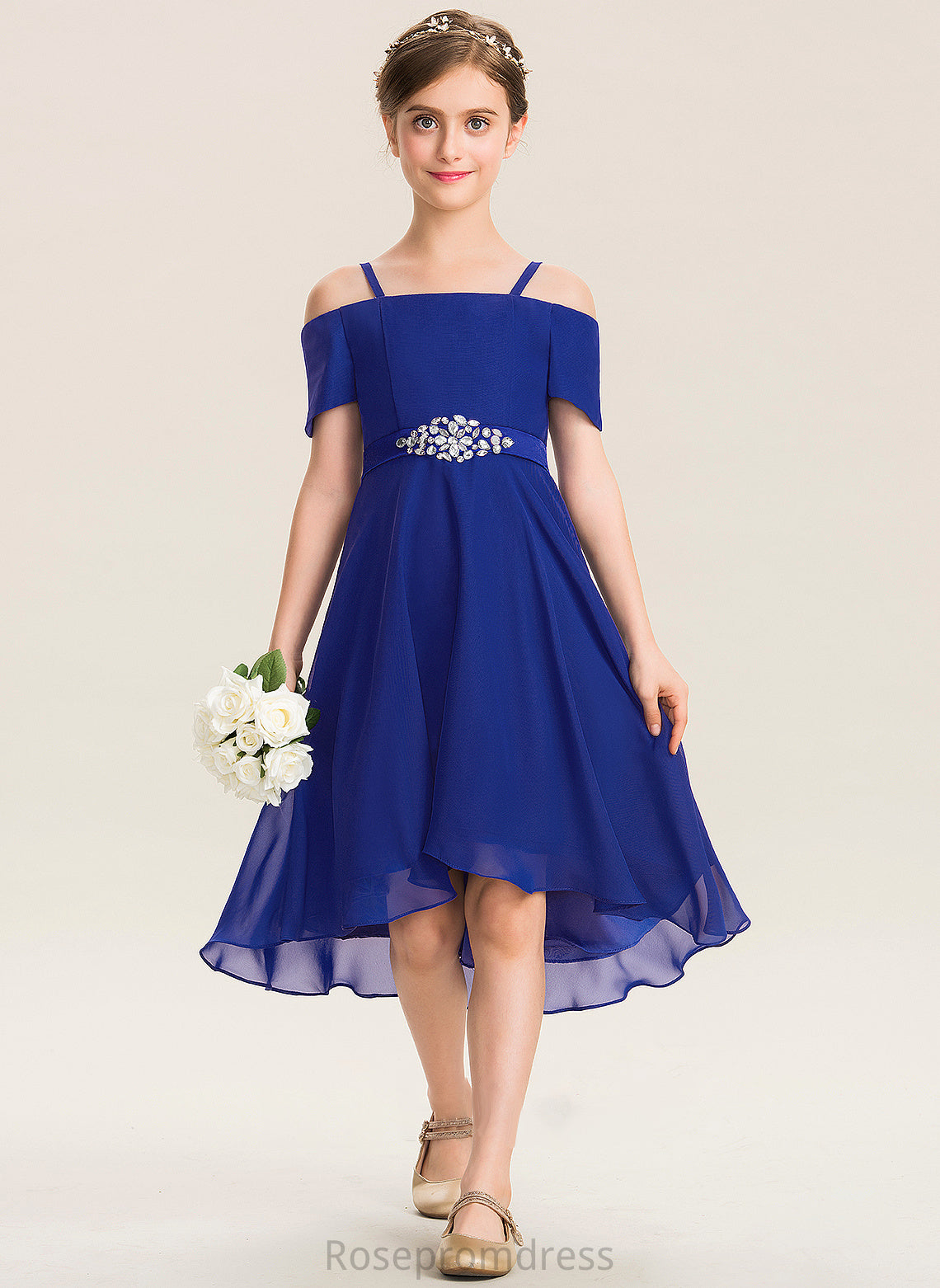 Chiffon A-Line Beading Bow(s) Off-the-Shoulder Junior Bridesmaid Dresses Asymmetrical Lesley With