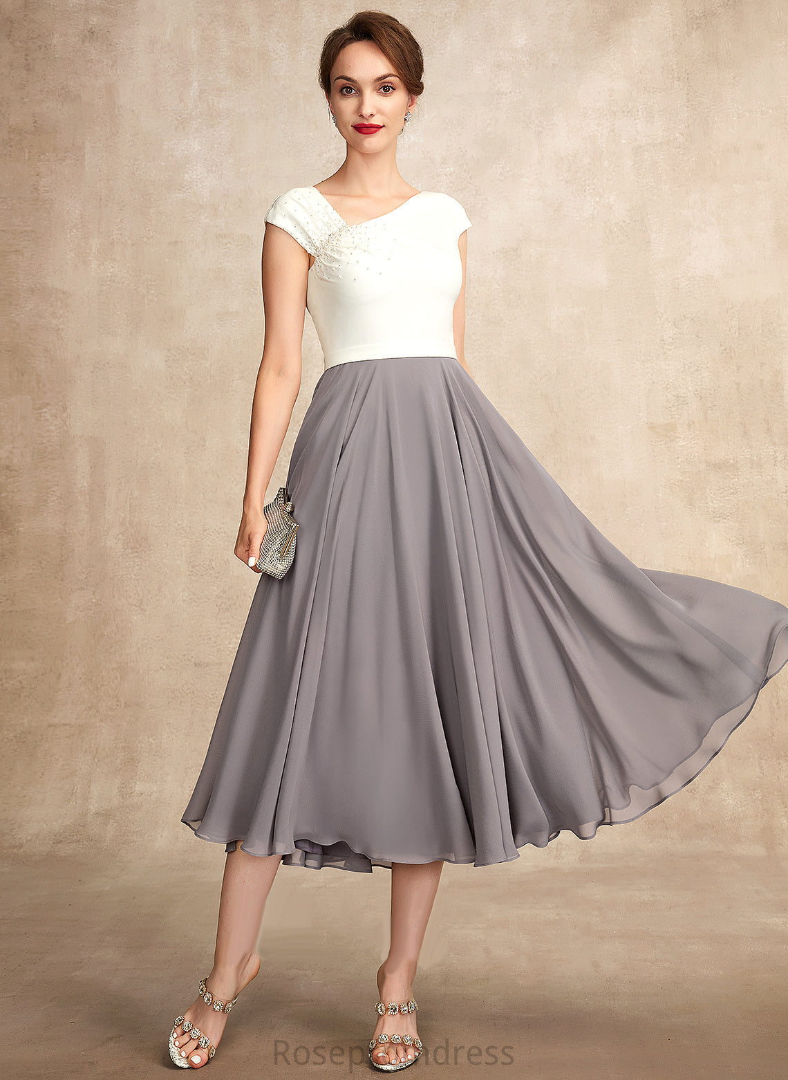 A-Line Tea-Length Ruffle Sequins Mother With Bride Mother of the Bride Dresses Rose Dress the Beading Chiffon of V-neck