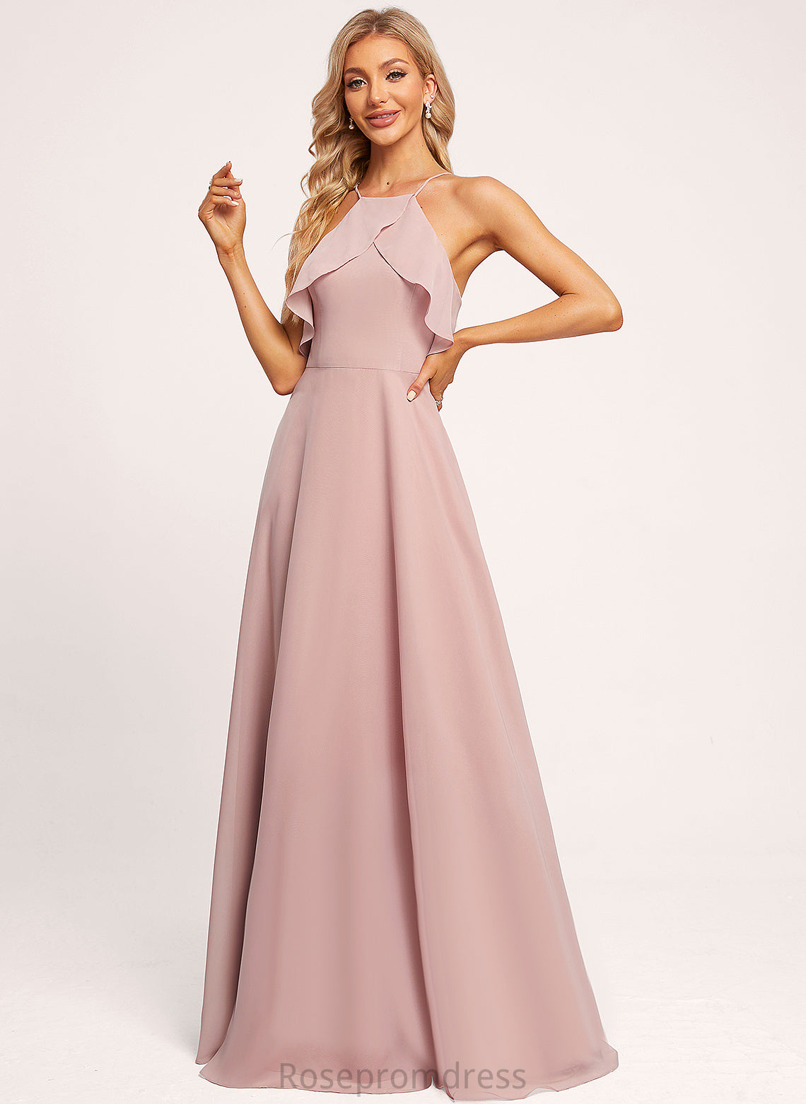 Length Straps&Sleeves A-line Fabric Silhouette Halter Neckline Floor-Length Brooklyn Floor Length Spandex Short Sleeves Bridesmaid Dresses